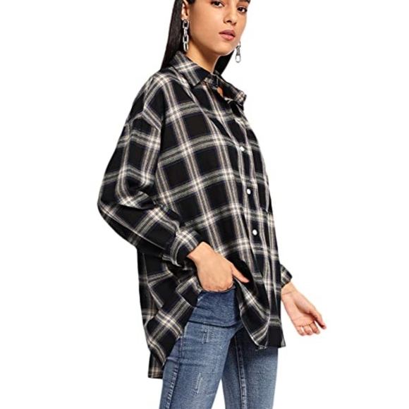 SweatyRocks Women's Long Sleeve Collar Long Button Down Plaid Shirt Blouse Tops - Picture 4 of 4